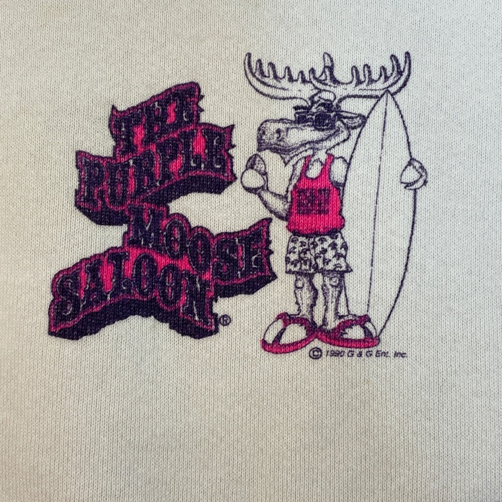 Vintage The Purple Moose Saloon Graphic Sweatshirt XXL Cream Surfer Moose - Picture 3 of 11